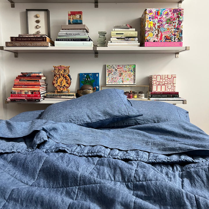 Indigo Quilted Linen Coverlet